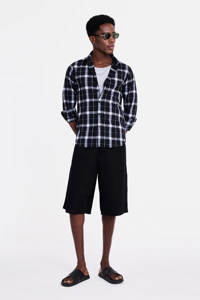 سنيتش Black Checkered Long Sleeve Slim Fit Shirt
