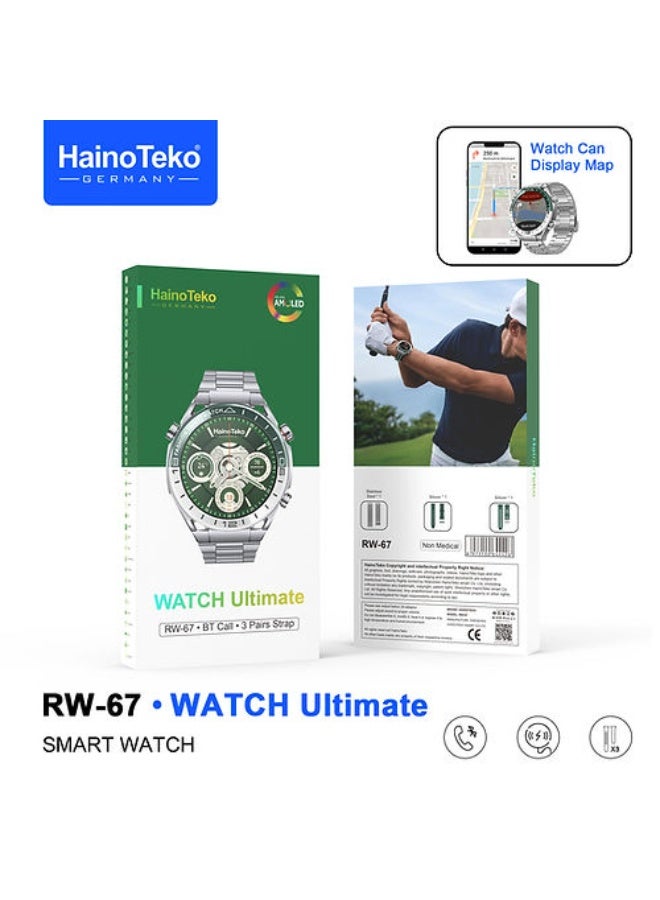 Haino Teko The Haino Teko RW-67 Men's Smart Watch combines high-end design with advanced technology: a circular AMOLED display, Bluetooth calls directly from the wrist, 3 interchangeable luxury straps (metal, leather, silicone), full healthy tracking of sleep, pulse and activity, GPS/maps support, and a battery that lasts days. - Image 2