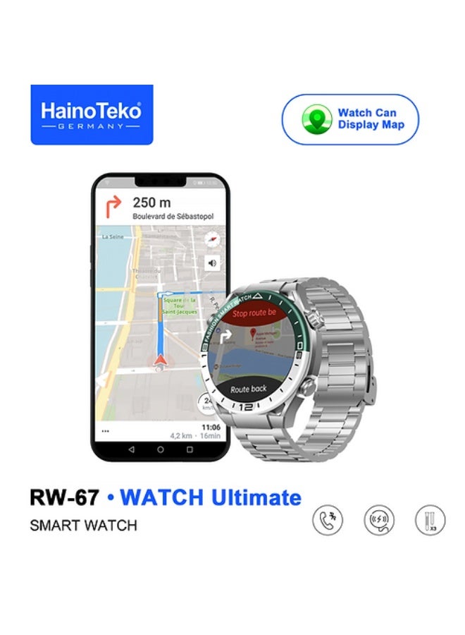 Haino Teko The Haino Teko RW-67 Men's Smart Watch combines high-end design with advanced technology: a circular AMOLED display, Bluetooth calls directly from the wrist, 3 interchangeable luxury straps (metal, leather, silicone), full healthy tracking of sleep, pulse and activity, GPS/maps support, and a battery that lasts days. - Image 3