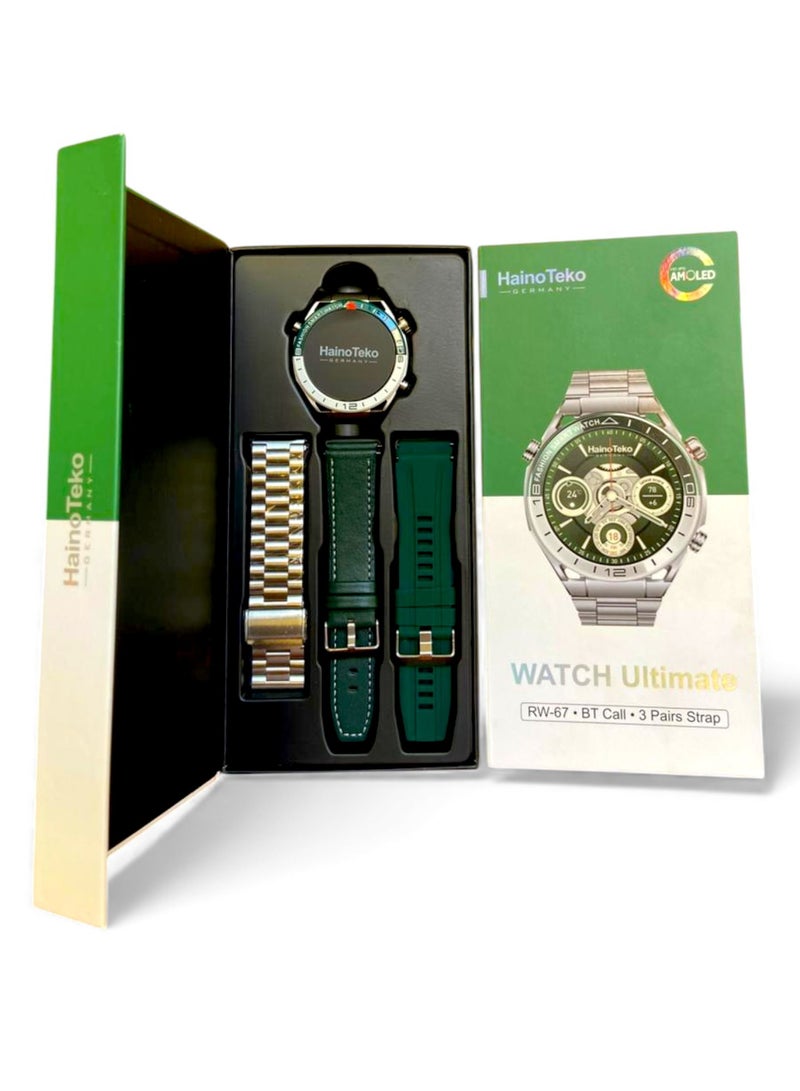هينو تيكو ساعة Haino Teko RW-67  الذكيه للرجال تجمع بين التصميم الراقي و التقنية المتقدمة: شاشة AMOLED دائرية ، مكالمات بلوتوث مباشرة من المعصم، 3 أحزمة فاخرة قابلة للتبديل (معدن، جلد، سيليكون)، تتبع صحي كامل للنوم والنبض والنشاط، دعم GPS/خرائط، وبطارية تدوم  أيام. - Image 5