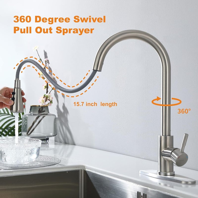 Keer Brush Nickel Single Handle Pull Down Kitchen Faucet with Soap Dispenser, 3 Modes Sprayer, Easy Assembly, Single Handle High Arc Stainless Steel Faucet - Image 5
