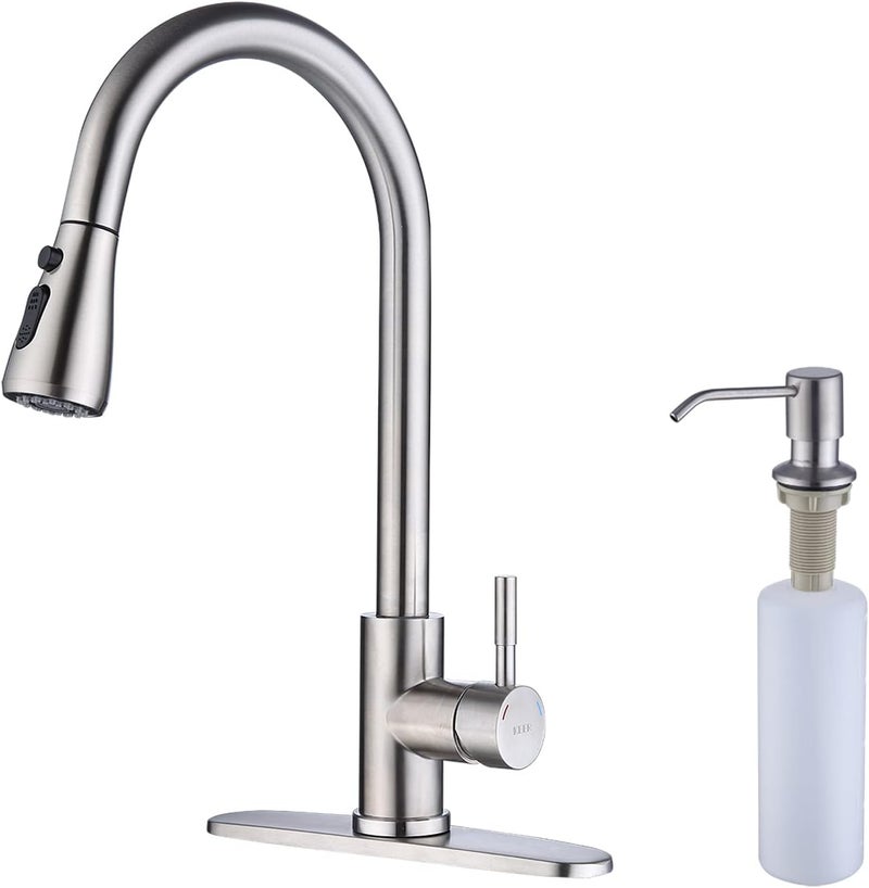 Keer Brush Nickel Single Handle Pull Down Kitchen Faucet with Soap Dispenser, 3 Modes Sprayer, Easy Assembly, Single Handle High Arc Stainless Steel Faucet - Image 1