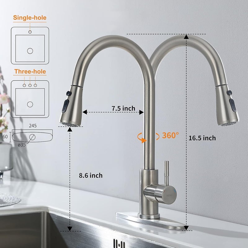 Keer Brush Nickel Single Handle Pull Down Kitchen Faucet with Soap Dispenser, 3 Modes Sprayer, Easy Assembly, Single Handle High Arc Stainless Steel Faucet - Image 3