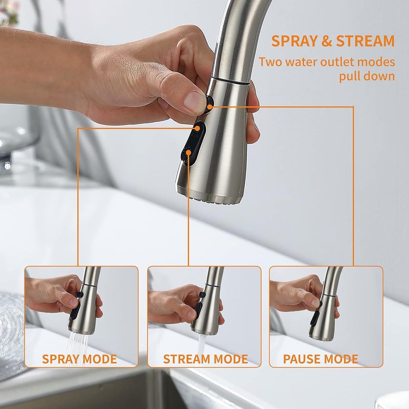 Keer Brush Nickel Single Handle Pull Down Kitchen Faucet with Soap Dispenser, 3 Modes Sprayer, Easy Assembly, Single Handle High Arc Stainless Steel Faucet - Image 4