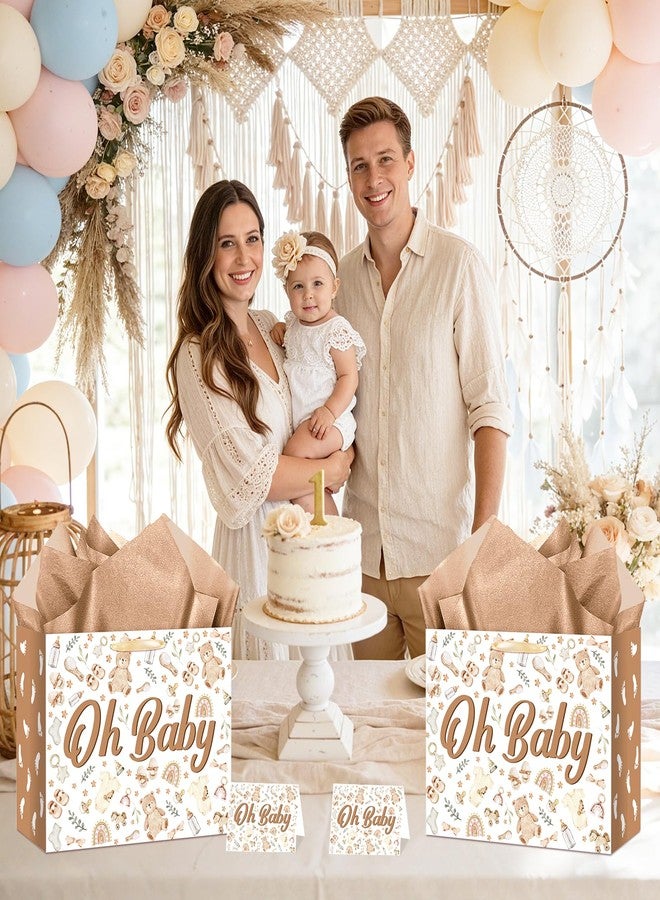 حقيبة هدايا كبيرة للمواليد من LUUFILx بتصميم دب بوهيمي، حقيبة هدايا لحفلات استقبال المواليد وأعياد الميلاد، حقيبة ورقية مع بطاقة تغليف لحفلات استقبال المواليد والكشف عن جنس المولود (بني) - Image 2