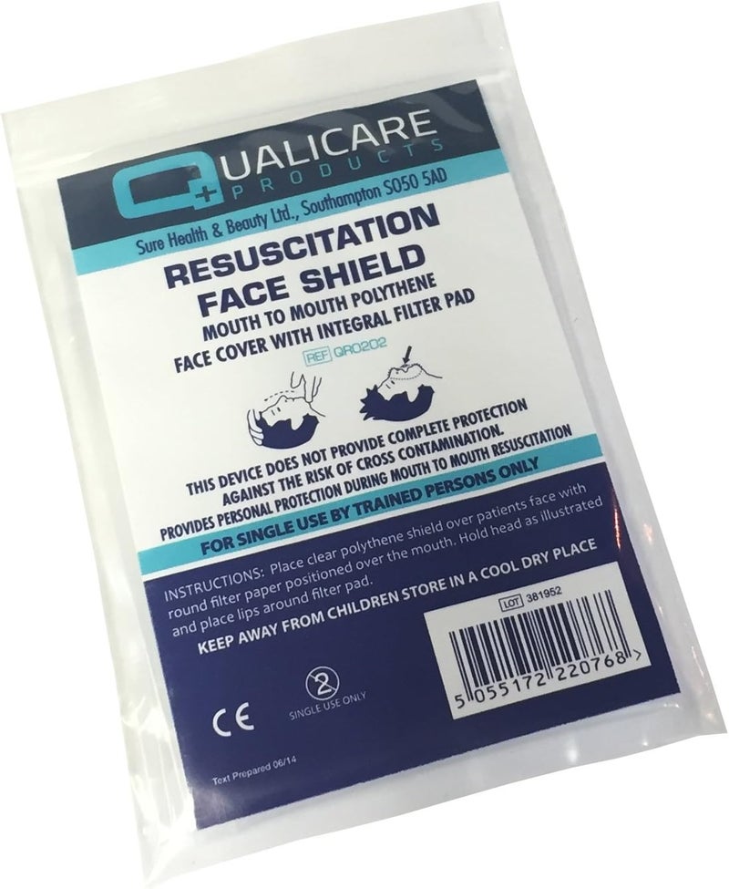 5 x QUALICARE RESUSCITATION FACE SHIELD MOUTH TO MOUTH POLYTHENE COVER FILTER PAD