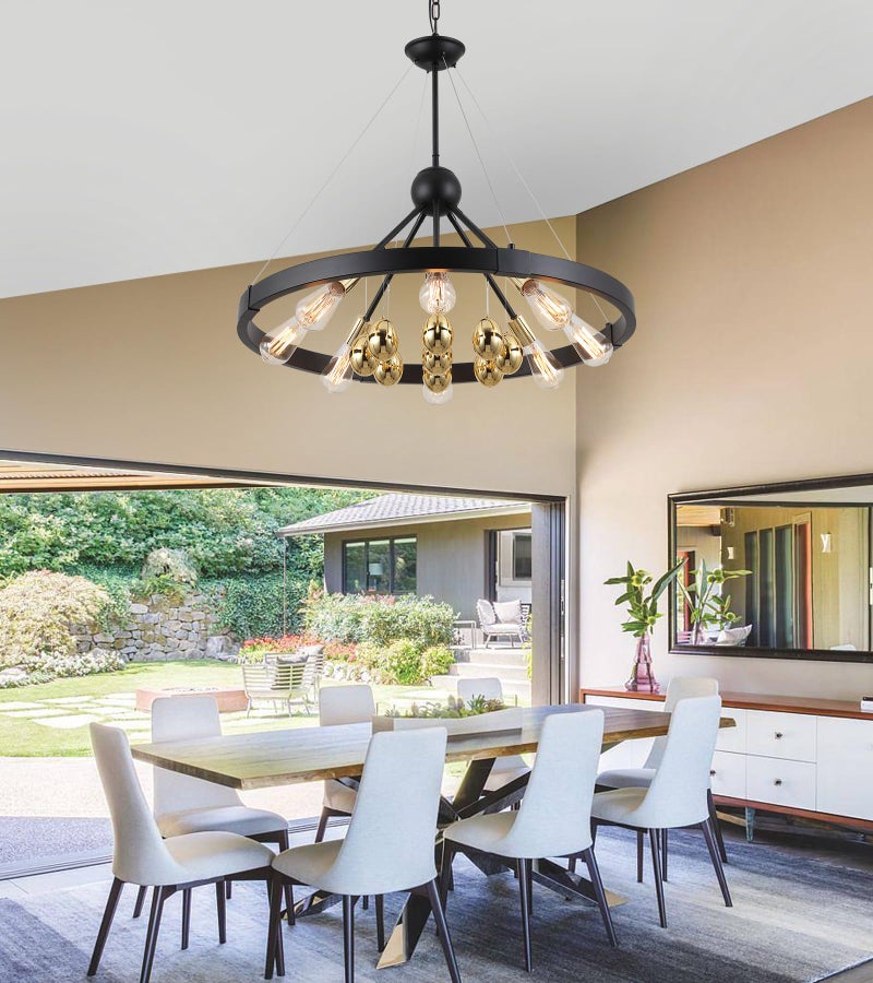 QS ثريا عجلة واغن سوداء وذهبية، 8 أضواء حديثة على طراز المزرعة، دوائر دائرية مع بيض ذهبي لمصابيح غرفة الطعام وغرفة المعيشة وغرفة النوم والمدخل والمطبخ والفندق، مدرجة من UL - Image 5