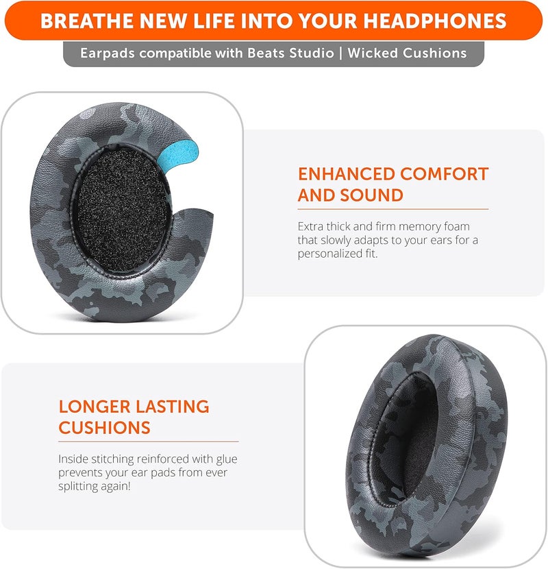 WC Wicked Cushions Replacement Ear Pads for Beats Studio 2 & 3 (B0501, B0500) Wired & Wireless | Does NOT Fit Beats Solo | Softer PU Leather, Enhanced Foam & Stronger Adhesive | Black Camo - Image 4