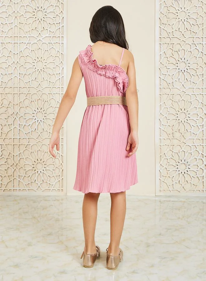 Styli One Shoulder Ruffle Trim A-Line Knee Length Dress