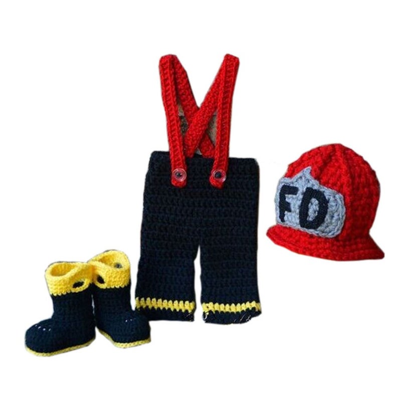 Pinbo Newborn Boys Photography Prop Crochet Firefighter Fireman Hat Pants Shoes - Image 3