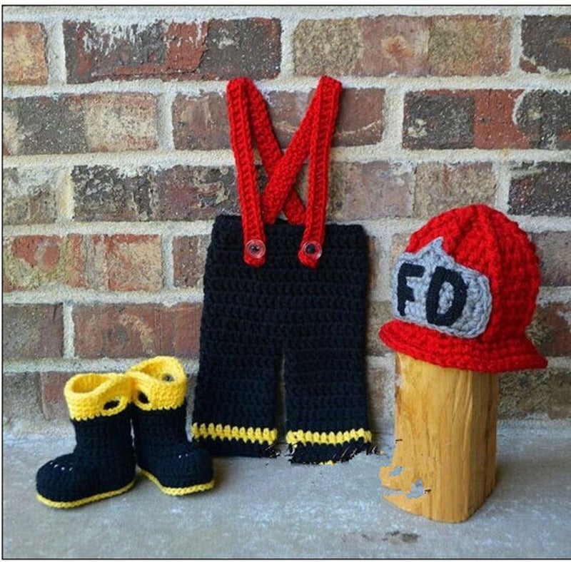 Pinbo Newborn Boys Photography Prop Crochet Firefighter Fireman Hat Pants Shoes - Image 2