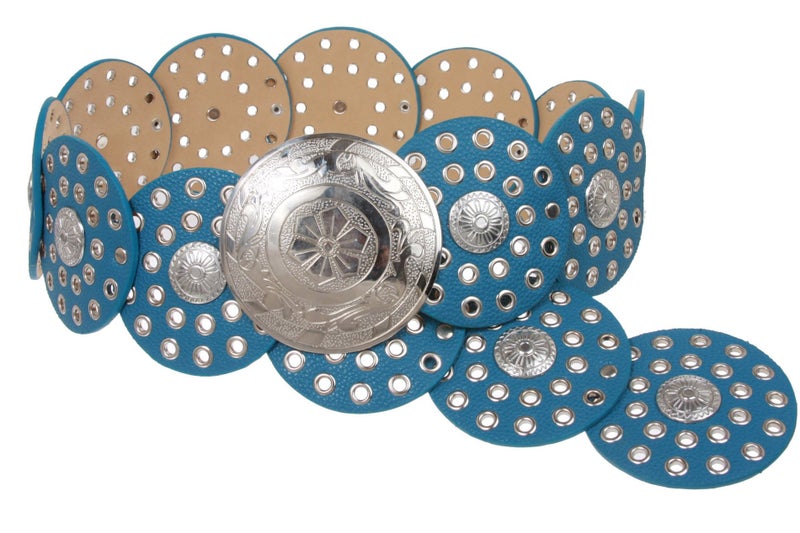 Beltiscool Women's 3 1/2" (90 mm) Wide Boho Disc Concho Leather Belt, Turquoise | s - 39" (99 cm) end-to-end - Image 3