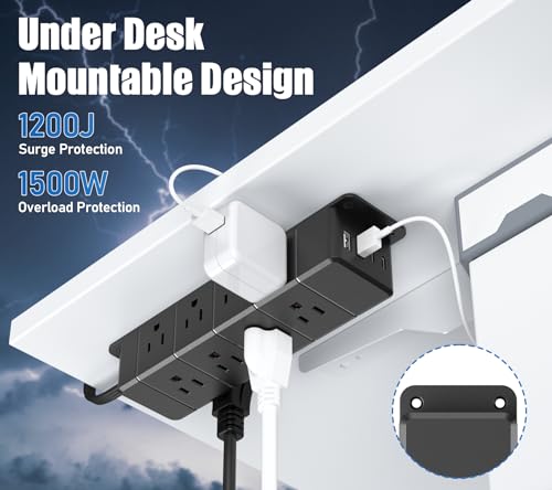 ANNQUAN 45W USB-C Fast Charging Under Desk Power Strip,12 Outlet Mountable Power Strip with 4 USB,1200J Surge Protection,6FT Flat Extension Cord Black - Image 4