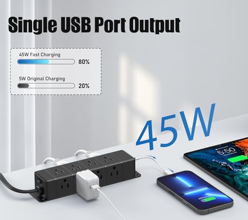 ANNQUAN 45W USB-C Fast Charging Under Desk Power Strip,12 Outlet Mountable Power Strip with 4 USB,1200J Surge Protection,6FT Flat Extension Cord Black - Image 2