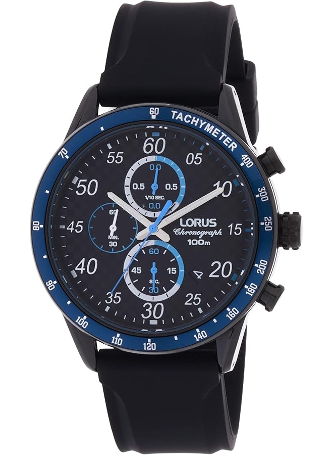 لوراس Rm337Ex9 ساعة رياضية كوارتز كرونوغراف مقاومة للماء حتى عمق 100 متر، مقياس سرعة الدوران، حزام سيليكون أسود وأزرق - Image 1