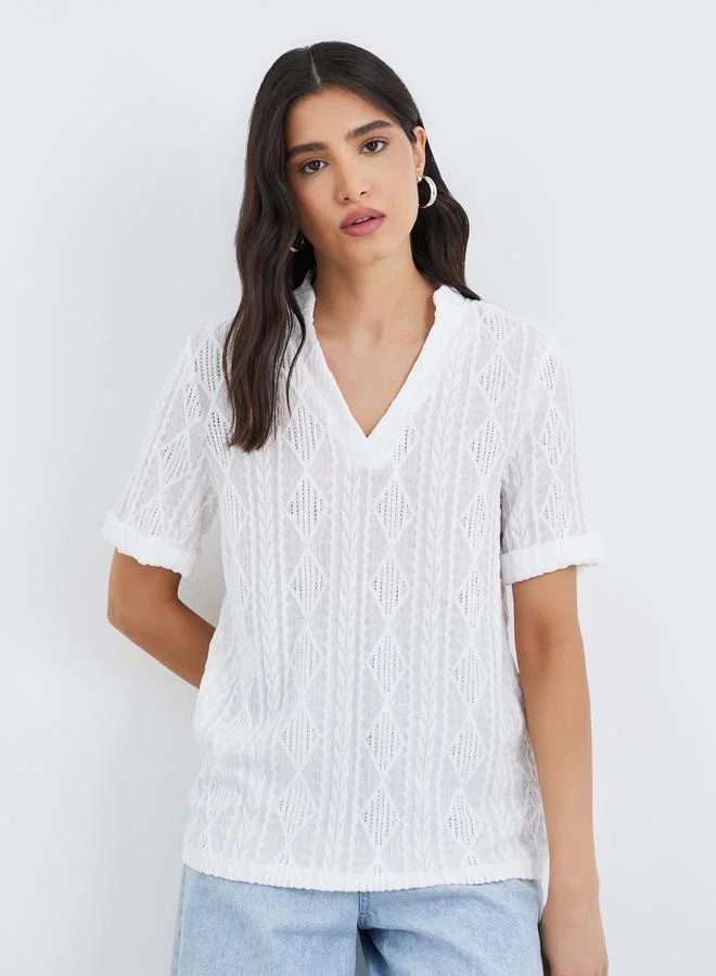 Take Two Take Two Solid Textured V-Neck Short Sleeve Top