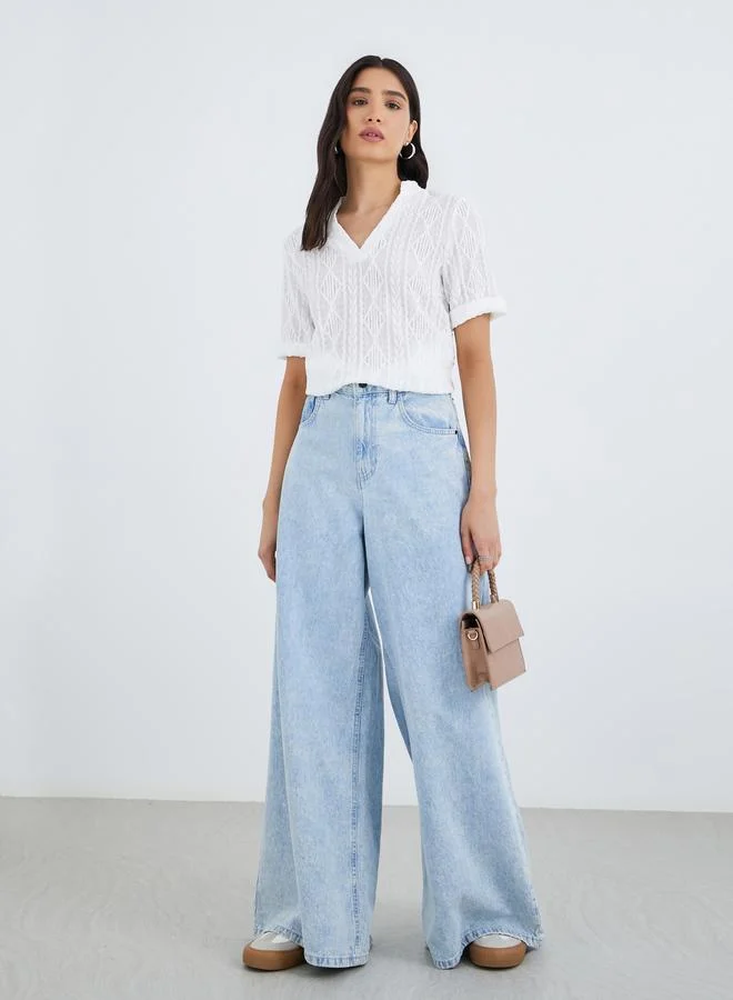 Take Two Take Two Solid Textured V-Neck Short Sleeve Top