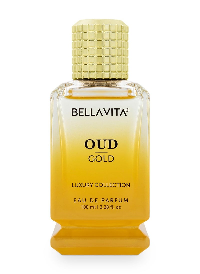 Bella Vita OUD GOLD Eau De Parfum (3.38 fl. oz.) | Intense Arabian Perfume for women & men | Notes : Caramel, Orris, Rose, Jasmine | Family: Woody, Gourmand, Floral, and Oud | Vegan & cruelty free  - Image 1