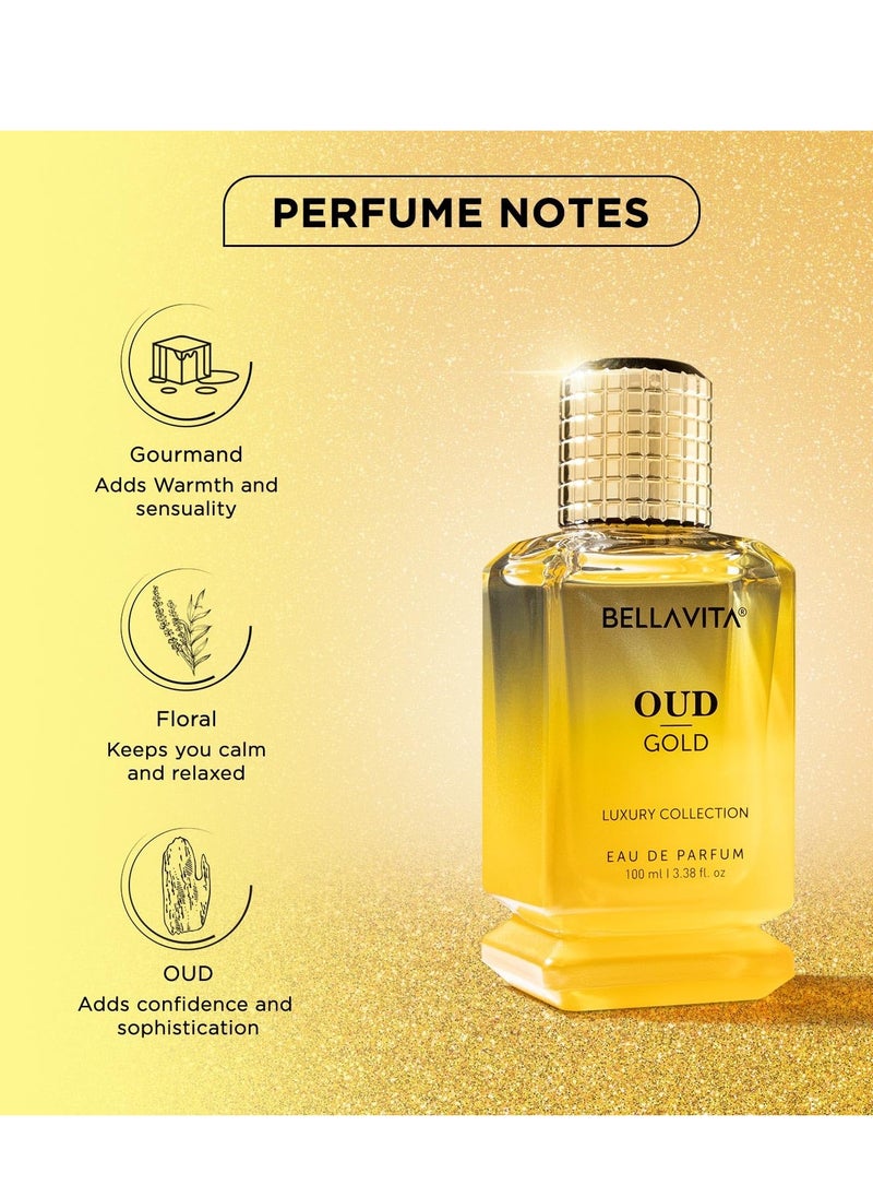 Bella Vita OUD GOLD Eau De Parfum (3.38 fl. oz.) | Intense Arabian Perfume for women & men | Notes : Caramel, Orris, Rose, Jasmine | Family: Woody, Gourmand, Floral, and Oud | Vegan & cruelty free  - Image 3