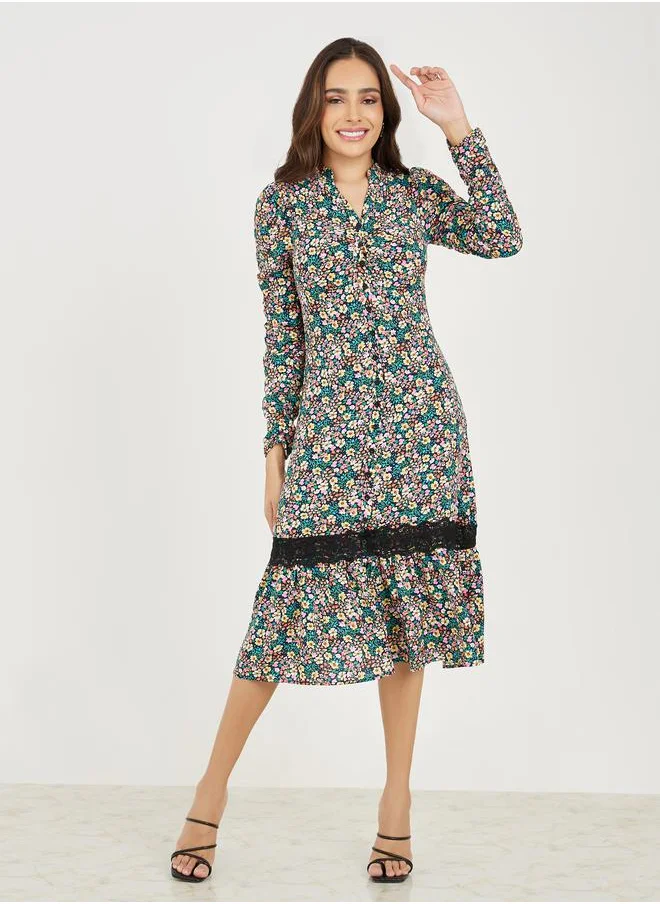 ستايلي Lace Insert Floral Print A-Line Midi Dress