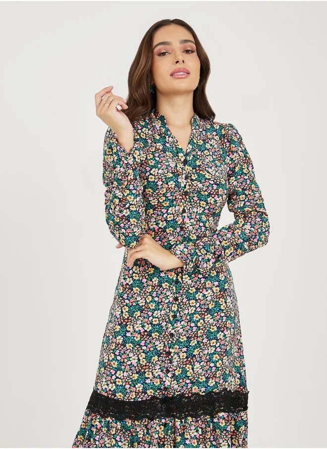 Styli Lace Insert Floral Print A-Line Midi Dress