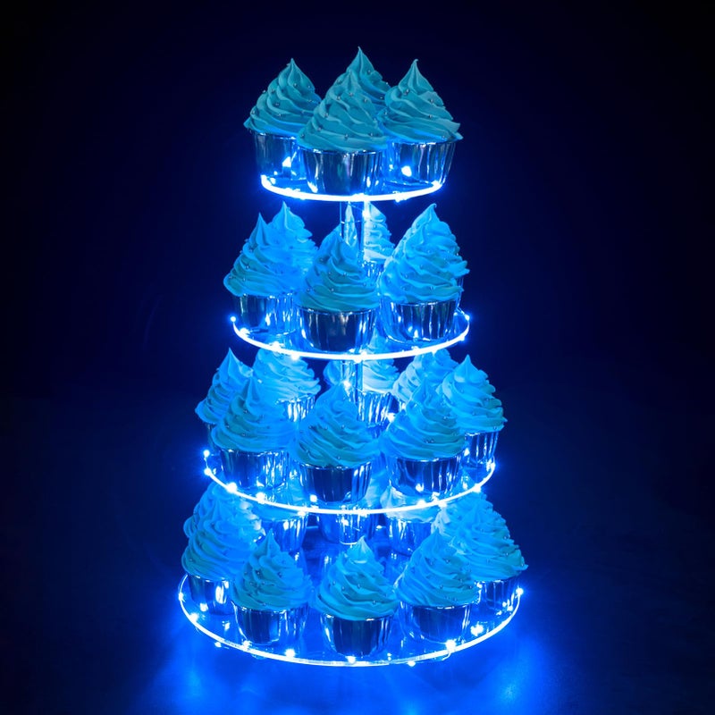OLACHIKKO Cupcake Stand 4Tier Round Cupcake Holder with LED light String Acrylic Cupcake Tower Display for Wedding Birthday party etcBlue Light