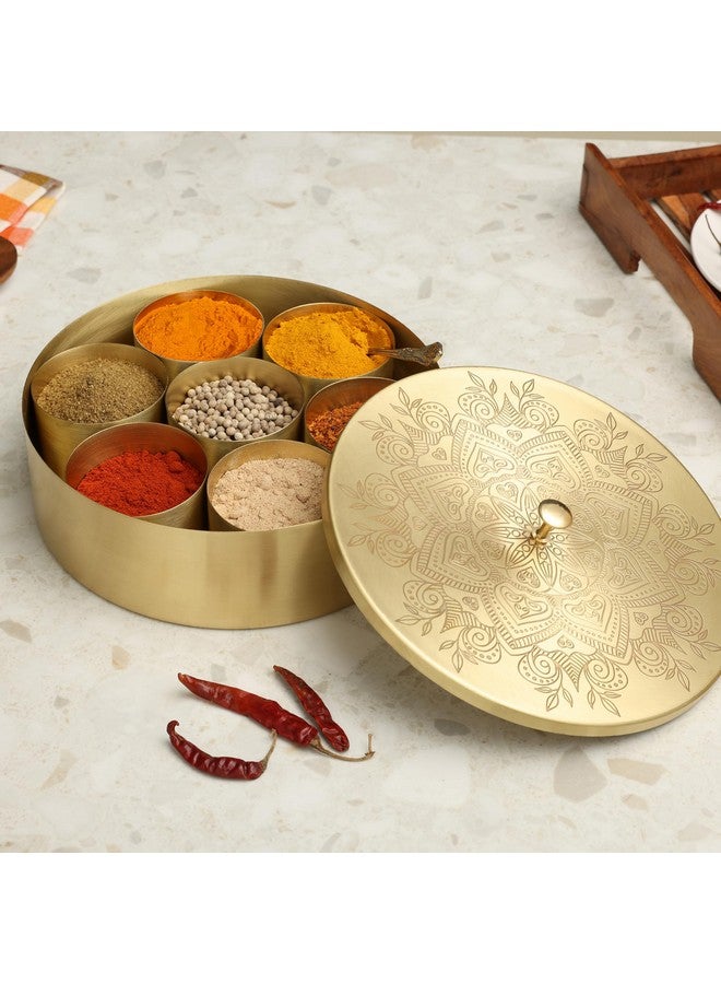 dudki Handicrafted Pure Brass Spice Box Masala Dabba Masaladani | Spice Box for Kitchen | Masala Dani with 7 Containers and a Small Spoon (Flower) - Image 1