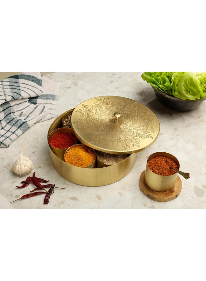 dudki Handicrafted Pure Brass Spice Box Masala Dabba Masaladani | Spice Box for Kitchen | Masala Dani with 7 Containers and a Small Spoon (Flower) - Image 2