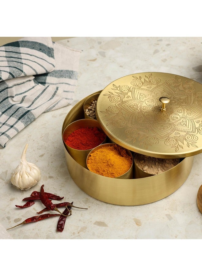 dudki Handicrafted Pure Brass Spice Box Masala Dabba Masaladani | Spice Box for Kitchen | Masala Dani with 7 Containers and a Small Spoon (Flower) - Image 4