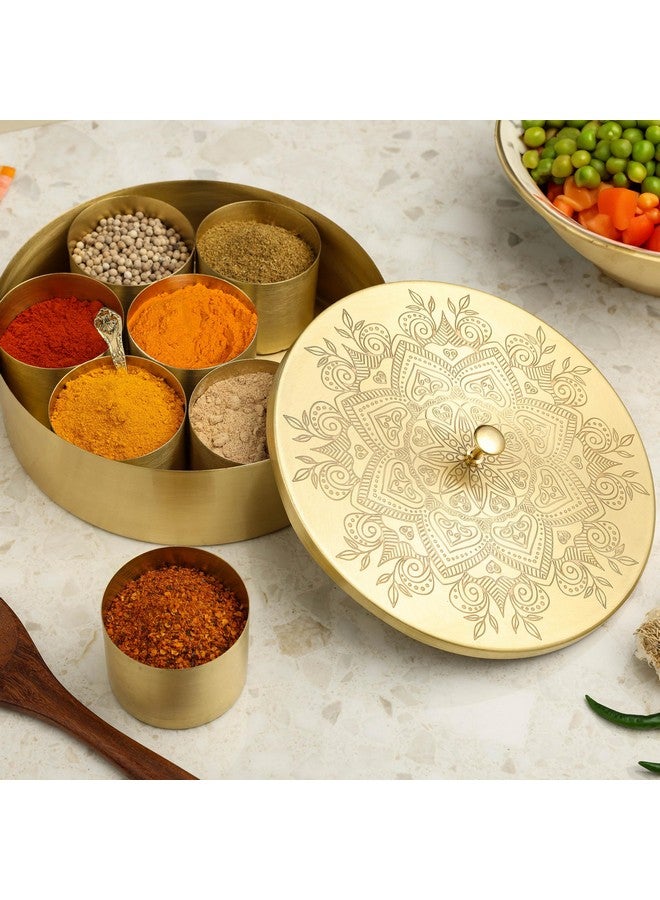 dudki Handicrafted Pure Brass Spice Box Masala Dabba Masaladani | Spice Box for Kitchen | Masala Dani with 7 Containers and a Small Spoon (Flower) - Image 3