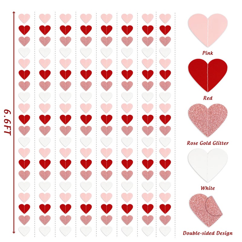 HALOGATE Valentines Decorations Red Pink White Rose Gold Glitter Heart Garland Strings - 8 Packs Paper Heart Garland Banner for Valentine's Day Mothers Day Wedding Birthday Bridal Shower Home Hanging Decor - Image 3
