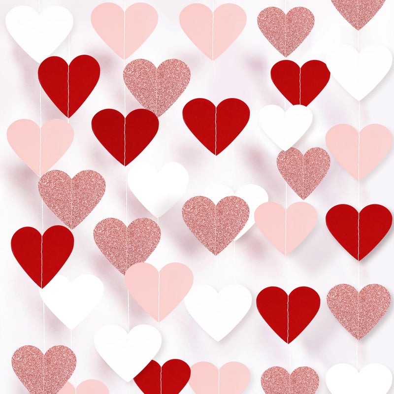 HALOGATE Valentines Decorations Red Pink White Rose Gold Glitter Heart Garland Strings - 8 Packs Paper Heart Garland Banner for Valentine's Day Mothers Day Wedding Birthday Bridal Shower Home Hanging Decor - Image 1
