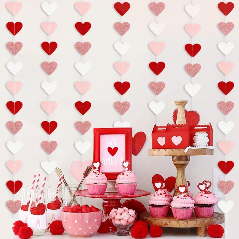 HALOGATE Valentines Decorations Red Pink White Rose Gold Glitter Heart Garland Strings - 8 Packs Paper Heart Garland Banner for Valentine's Day Mothers Day Wedding Birthday Bridal Shower Home Hanging Decor - Image 4