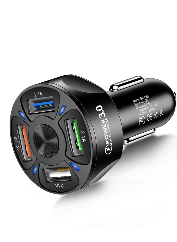 Gzar Gzar 4 Port QC 3.0 Fast Charging USB A Car Charger Adaptor with LED Light For Android Phones iPhone 13 Mini 11 Pro Samsung Galaxy S21 Black  - Image 1