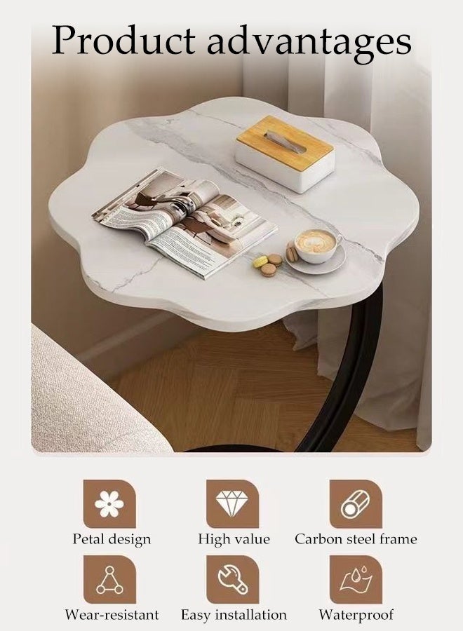 Spides C Shaped Couch Side Table 2 Layers Marble Texture End Table Sturdy Metal Frame Coffee Table Flower Shape Desktop Design Snack Side Table for Living Room, Bedroom, Corners, and Garden. - Image 2