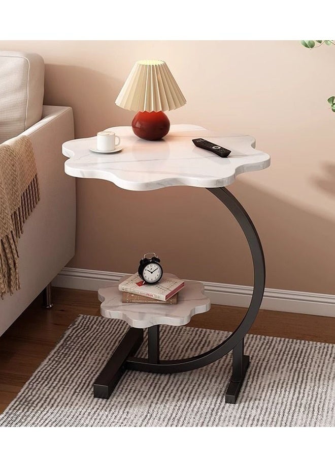 Spides C Shaped Couch Side Table 2 Layers Marble Texture End Table Sturdy Metal Frame Coffee Table Flower Shape Desktop Design Snack Side Table for Living Room, Bedroom, Corners, and Garden. - Image 1