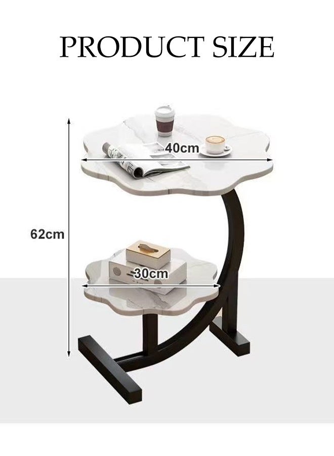 Spides C Shaped Couch Side Table 2 Layers Marble Texture End Table Sturdy Metal Frame Coffee Table Flower Shape Desktop Design Snack Side Table for Living Room, Bedroom, Corners, and Garden. - Image 3