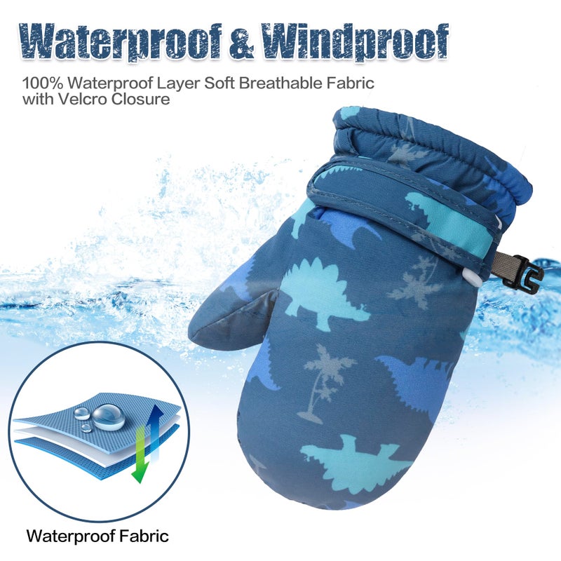 Fynnsure Toddler Mittens Baby Waterproof Snow Gloves Kids Ski Snow Gloves Cold Weather Mittens for Boys Girls Blue Dinosaur 4-6 Years - Image 3