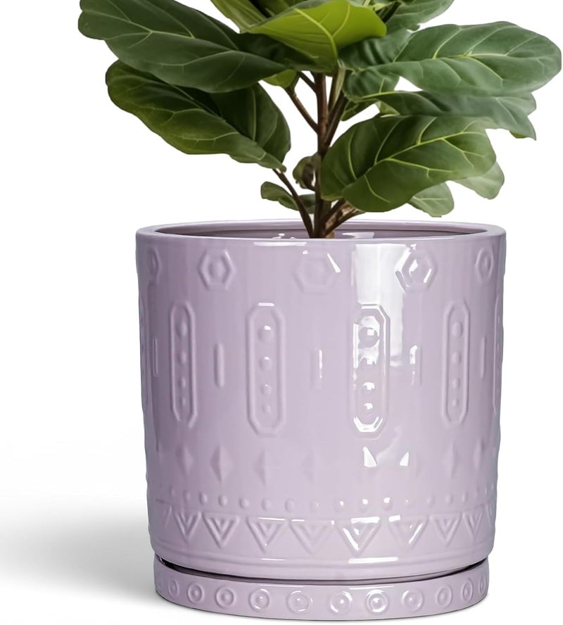 Eightpot 12 Inch Ceramic Planter Pot Plant Pot with Drainage Hole and Saucer, Round Large Flower Pot for Indoor Plants Outdoor Garden Planter Pot, Purple - Image 1
