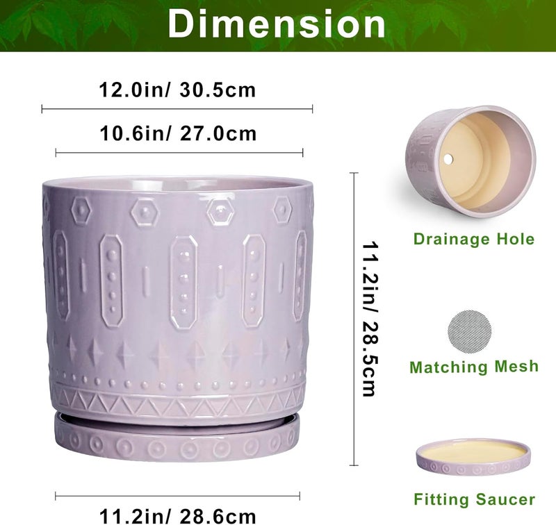 Eightpot 12 Inch Ceramic Planter Pot Plant Pot with Drainage Hole and Saucer, Round Large Flower Pot for Indoor Plants Outdoor Garden Planter Pot, Purple - Image 2