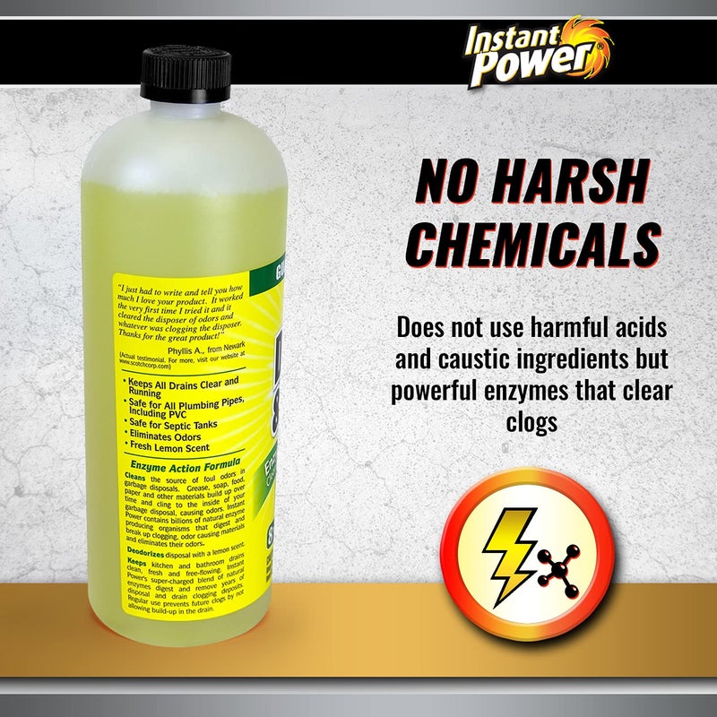 Instant Power Disposal and Drain Cleaner - Liquid Enzyme Clog Remover, Cleans and Deodorizes, Removes Drain Blockages, Fresh Lemon Scent, 33.8 Fl oz, 1 Liter - Image 5