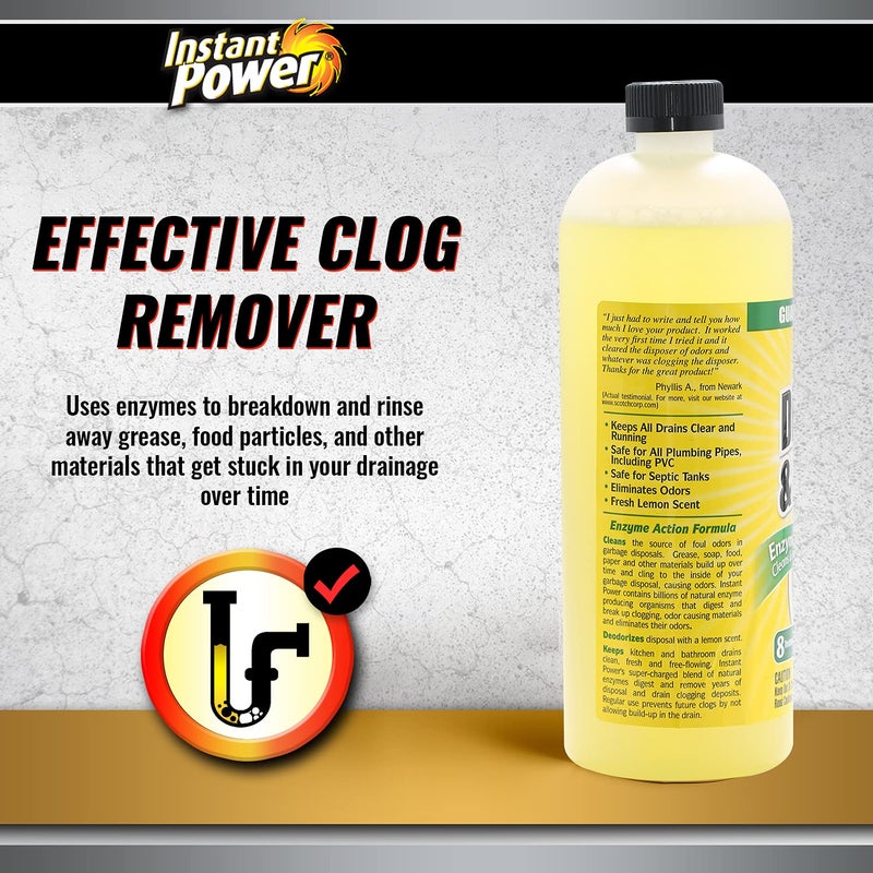 Instant Power Disposal and Drain Cleaner - Liquid Enzyme Clog Remover, Cleans and Deodorizes, Removes Drain Blockages, Fresh Lemon Scent, 33.8 Fl oz, 1 Liter - Image 3