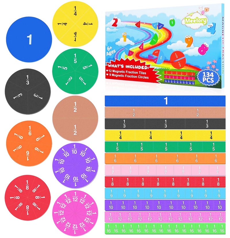 Meetory Magnetic Fraction Tiles & Fraction Circles - Math Manipulatives for Preschool Elementary School Educational Resources Classroom Educational Kit (134 Pack) - Image 1