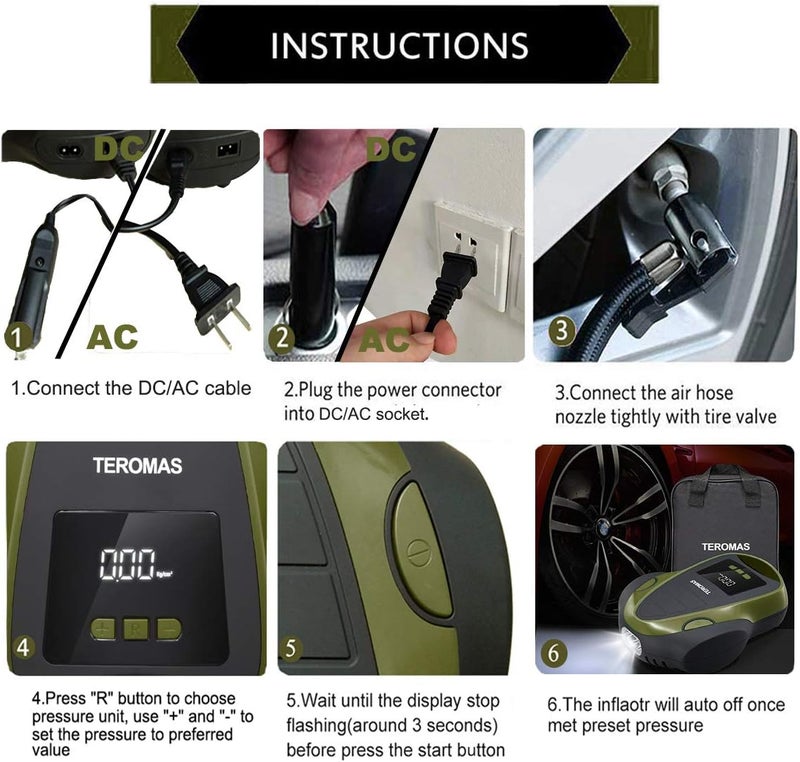 TEROMAS Tire Inflator Portable Air Compressor, Air Pump DC/AC for Car Tires 12V DC and Other Inflatables at Home 110V AC, Digital Electric Tire Pump with Pressure Gauge(Green) - Image 4