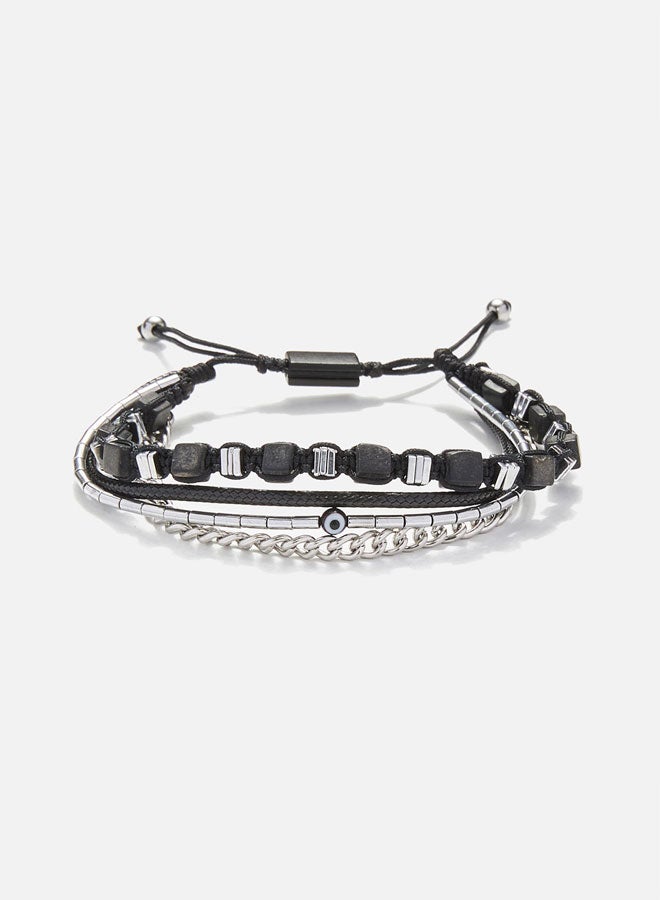 CHRYSOSTOMOS Handmade Adjustable Beaded Multi-Line Bracelet with Black Onyx, Matte Black Cube, Hematite Nut, Black Steel Chain and Cord - Image 1