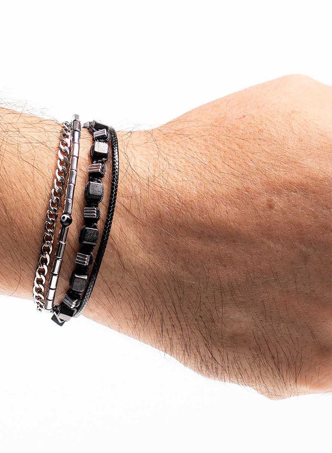 CHRYSOSTOMOS Handmade Adjustable Beaded Multi-Line Bracelet with Black Onyx, Matte Black Cube, Hematite Nut, Black Steel Chain and Cord - Image 3