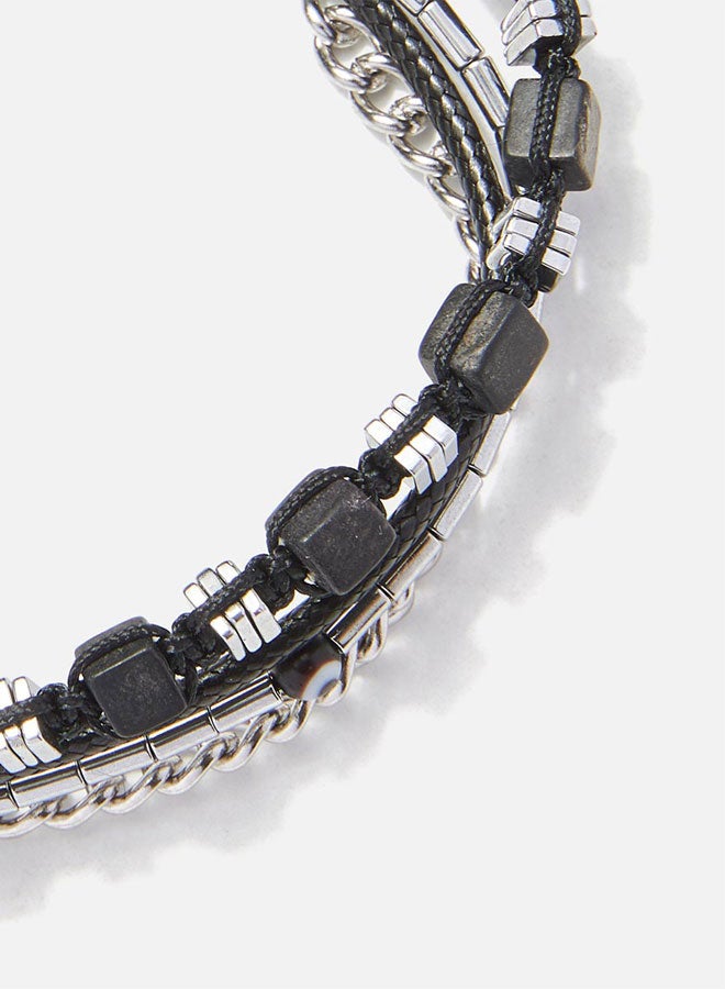 CHRYSOSTOMOS Handmade Adjustable Beaded Multi-Line Bracelet with Black Onyx, Matte Black Cube, Hematite Nut, Black Steel Chain and Cord - Image 2