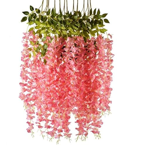 Romase 12 Pack 3.6 Feet/Piece Artificial Wisteria Vine Ratta Fake Wisteria Hanging Garland Silk Long Hanging Bush Flowers String Wedding Home Party Decor (Pink) - Image 1