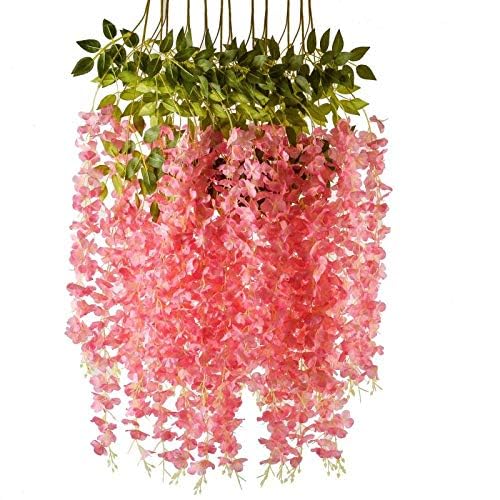 Romase 12 Pack 3.6 Feet/Piece Artificial Wisteria Vine Ratta Fake Wisteria Hanging Garland Silk Long Hanging Bush Flowers String Wedding Home Party Decor (Pink) - Image 2