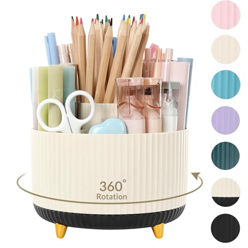 SKYDUE 360 Rotating Organizer DualPurpose Pencil Pen Holder 5Slot Rotating Pencil Cup for Office School Home BeigeBlack - Image 1